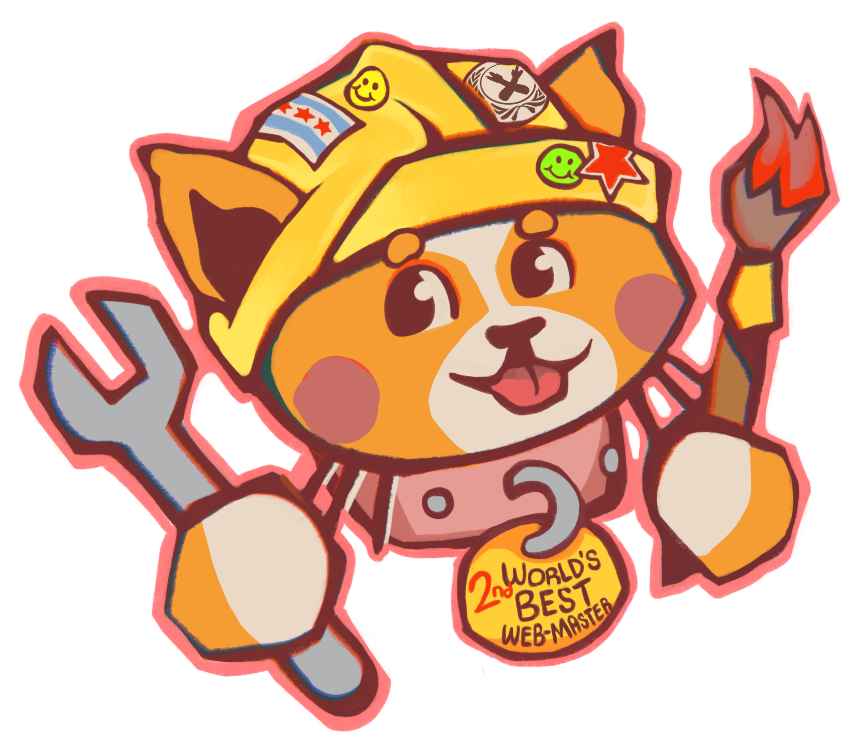 a drawn rendition of the neocities logo. an orange cat with a tool in one hand and a paintbrush in the other wearing a yellow helmet. Stickers on its helmet include a flag of chicago, a smiley face, and the nerdfighteria logo.