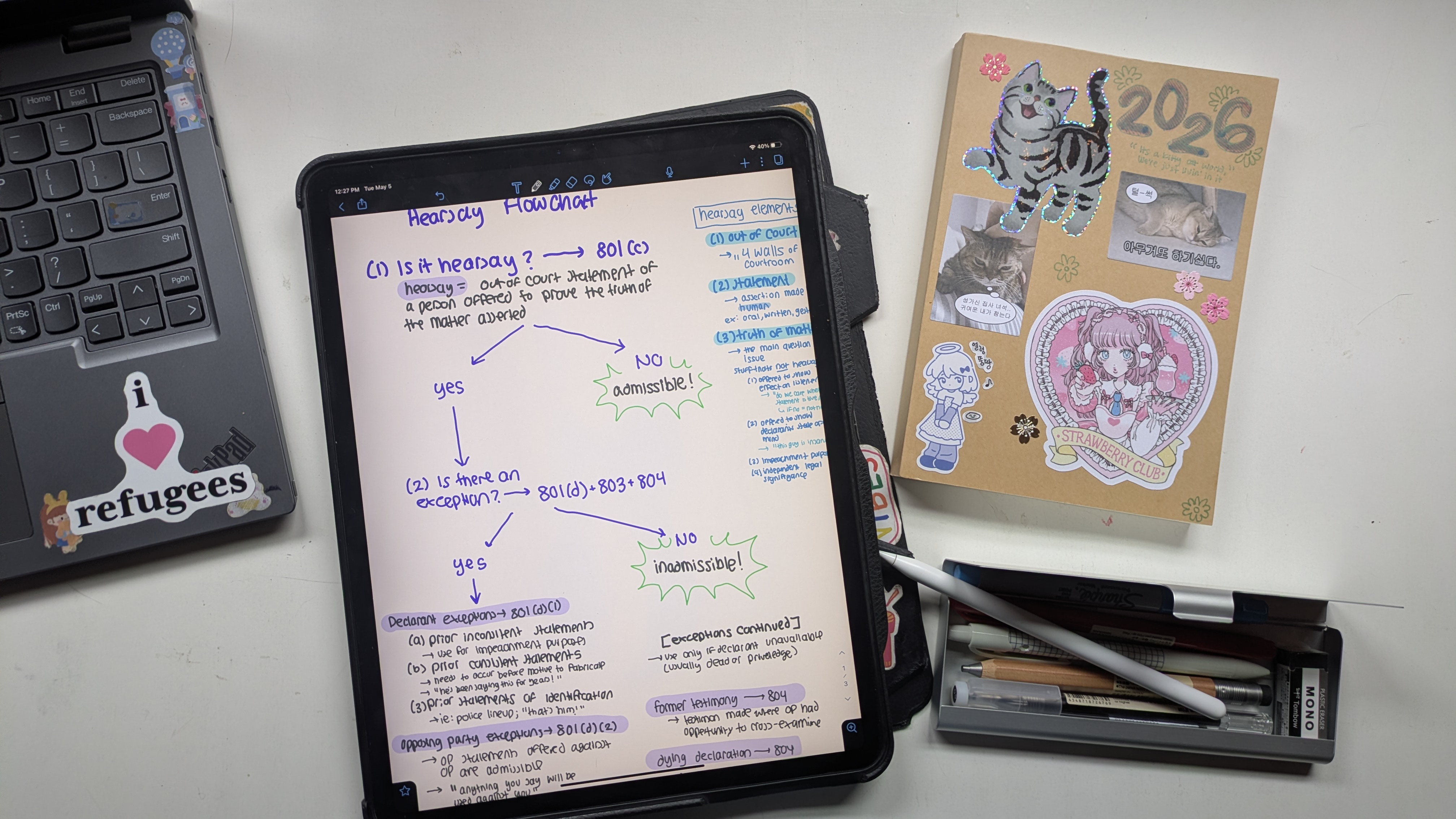 charlotte's study setup, complete with an ipad, a sketchbook, and a computer with a stick that reads 'i love refugees'